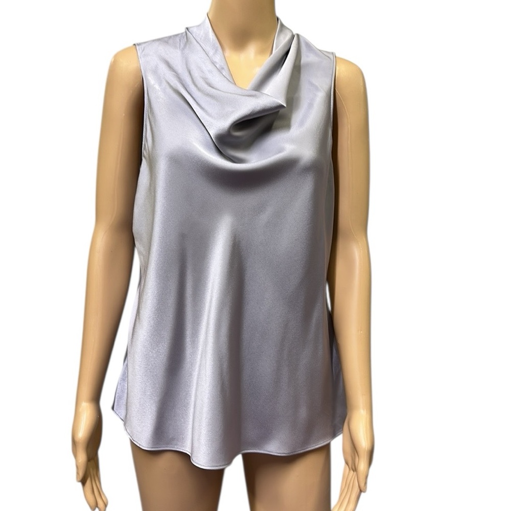 Rachel Roy Cowl Neck Grey Satin Sleeveless Zip Back Flowy Cami Blouse Womens L